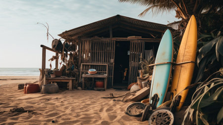a small cabin is sitting on the shore with surfboards underneath,の素材