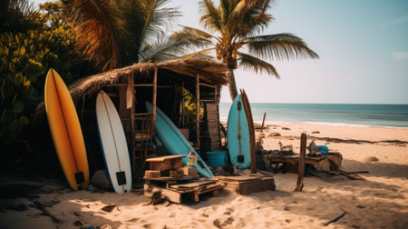 a small cabin is sitting on the shore with surfboards underneath,の素材