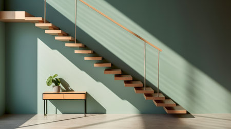 a wooden staircase with a green poster near the stairs,の素材
