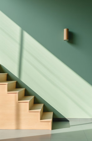 a wooden staircase with a green poster near the stairs,の素材