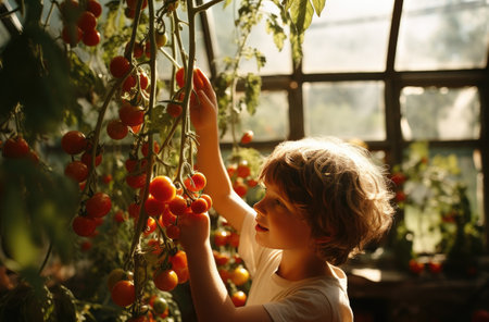 a young boy picks a tomato in a greenhouse on the sunny day,の素材
