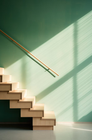 a wooden staircase with a green poster near the stairs,の素材