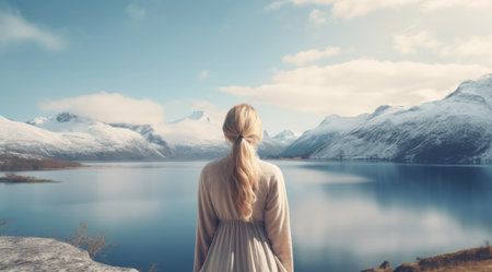 a woman looking towards the mountains and lake,の素材