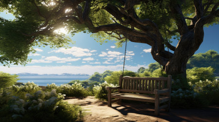 a wooden bench hanging in a grove by the ocean,の素材