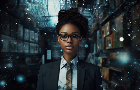 a young black woman in a suit and glasses,の素材