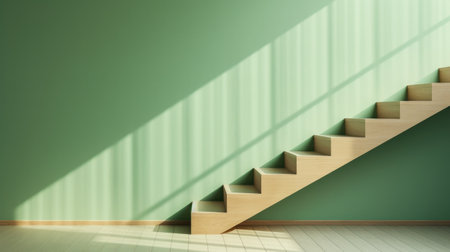 a wooden staircase with a green poster near the stairs,の素材