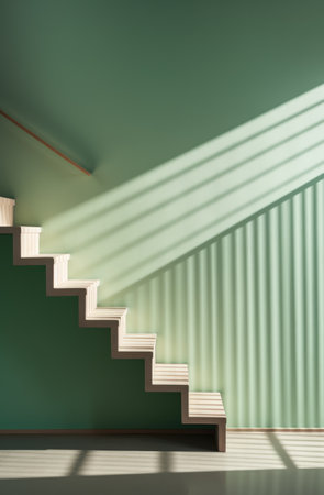 a wooden staircase with a green poster near the stairs,の素材