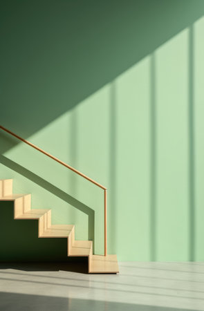a wooden staircase with a green poster near the stairs,の素材