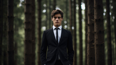 a young man standing in a forest,の素材