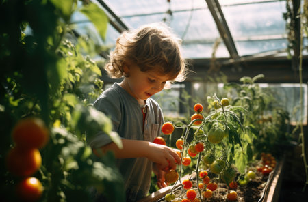 a young boy picks a tomato in a greenhouse on the sunny day,の素材