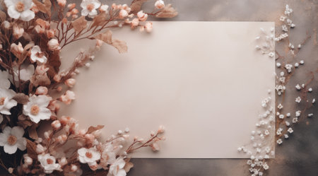 an empty paper with white flowers for wedding invitation or blank paper on gray background,の素材