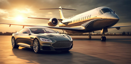 an airplane parked in front of a luxury car, wealthy portraiture,の素材