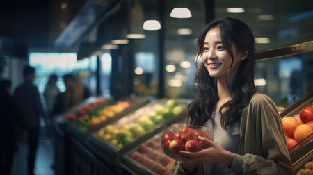 Asian girl smiles in a shop, holding up bags of fruits,の素材