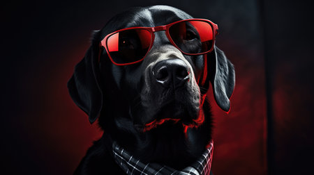 black lab wear sunglasses over red tie in black outfit,の素材