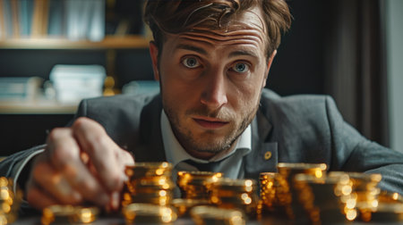 Shocked businessman discovering money wealth on laptop.の素材