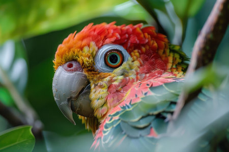Close-up of a vibrant red macaw with keen eyes, perched in a lush habitatの素材
