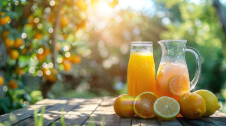 Orange juice and lemonade in a jug and glass on a rustic table amidst an orchard.の素材