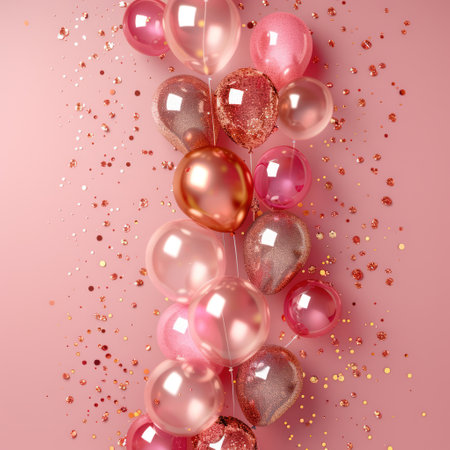 Beautiful festive minimalistic pink background with gold and clear balloons on the sides.の素材