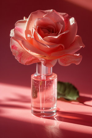 Transparent serum bottle with dewy red rose backdrop.の素材