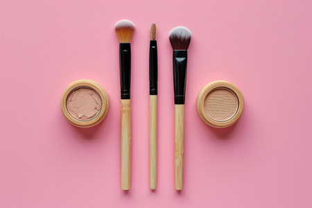 Makeup brush, mascara, lipstick, foundation, and blush on pink backdrop.の素材