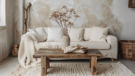 Beautiful modern Spanish living room interior. White plastered walls, wooden furniture in eco style.の素材