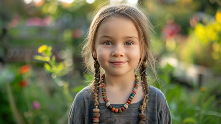A smiling young girl with blue eyes, wearing a vibrant orange dress and colorful beads.の素材