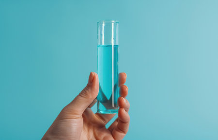 person holding test tube up with blue background.の素材