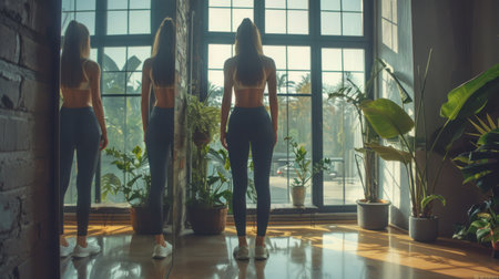 Beautiful young sporty girl admires her full-length reflection in the mirror on the left in a minimalist modern interior.の素材
