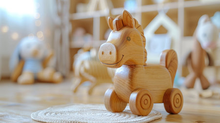 Wooden children's horse gurney close-up against the background of a blurry children's light room.の素材
