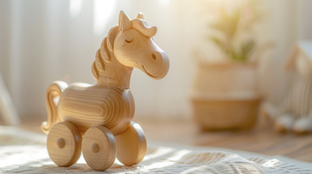 Wooden children's horse gurney close-up against the background of a blurry children's light room.の素材