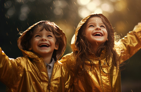 children in raincoats enjoying themselves,の素材