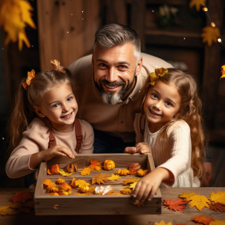 father and two small girls with a tray of autumn leaves,の素材