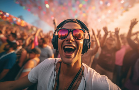 dj sitting up in the crowd at a festival with headphones,の素材