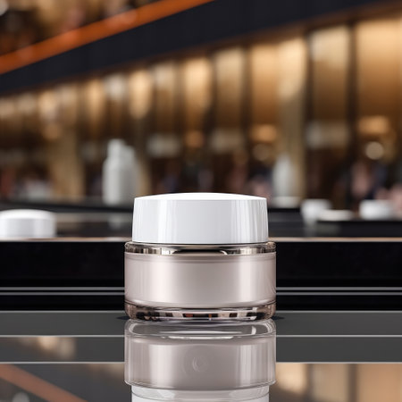 face cream bottle with blank front, realistic on a mockup template in a tableの素材