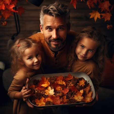 father and two small girls with a tray of autumn leaves,の素材