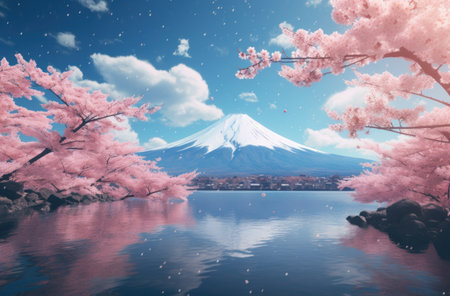 japanese cherry blossoms over lake fuji and clouds,の素材