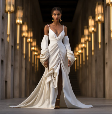 model in white dress with high slit,の素材