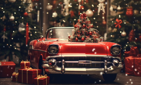 old fashion christmas with a red car tops the tree,の素材
