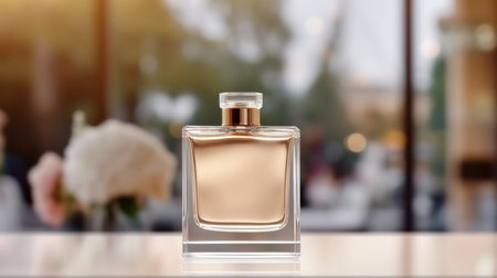 perfume bottle with blank front, realistic on a mockup template in a table in a luxury storeの素材