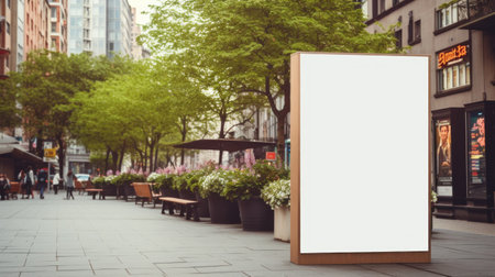 Outdoor advertising with blank front realistic on a mockup template in a spring street of big cityの素材