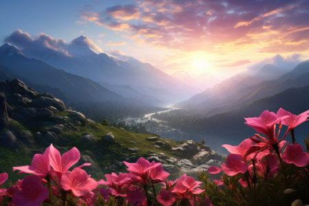 pink flowers at sunset near mountain peaks,の素材