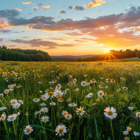 A stunning summer scene with a natural backdrop featuring yellow and white daisies, clovers.の素材