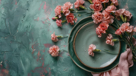 a table setting with a plate and napkin placed next to pink carnation flowers on a concrete table.の素材