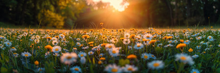 A stunning summer scene with a natural backdrop featuring yellow and white daisies, clovers.の素材