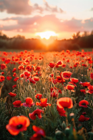 Beautiful field with poppies at sunset. There are poppy flowers below and green grass above the sun.の素材