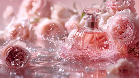 Perfume bottle made of glass set against a backdrop of rose water. Featuring a floral arrangement with a water splash.の素材