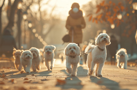 several white dogs are walking along with a woman on a leash.の素材