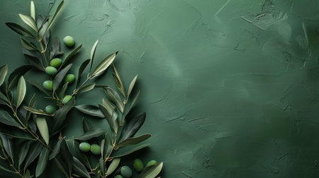 Minimalistic olive green background with a branch of olives on the left and free space on the right.の素材