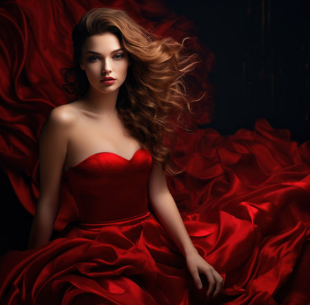 red strapless velvet dress for a beautiful woman with hair,の素材
