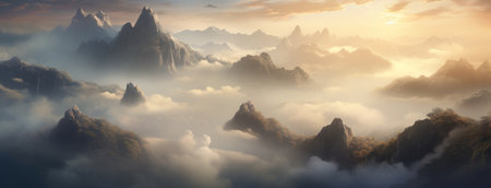 sunrise over the foggy mountains,の素材